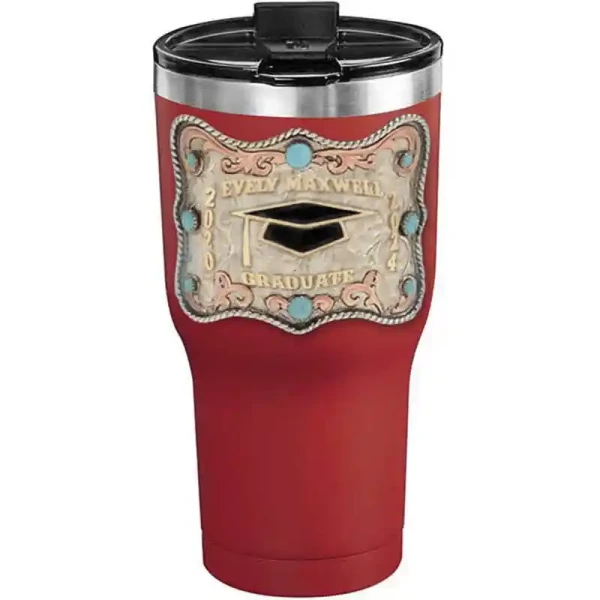 A customized tumbler made of stainless steel with a personalized engraved name and graduate cap figure, 30 oz, ideal for coffee or cool drinks
